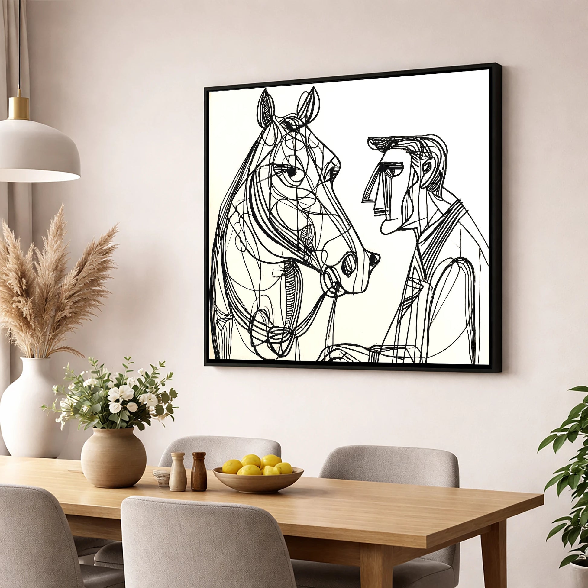 Modern Connection horse & rider wall art displayed in a dining room