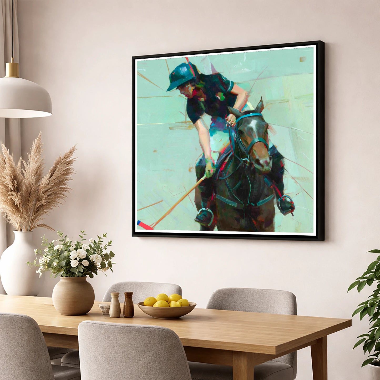 Mid-Match Focus polo horse wall art displayed in a dining room