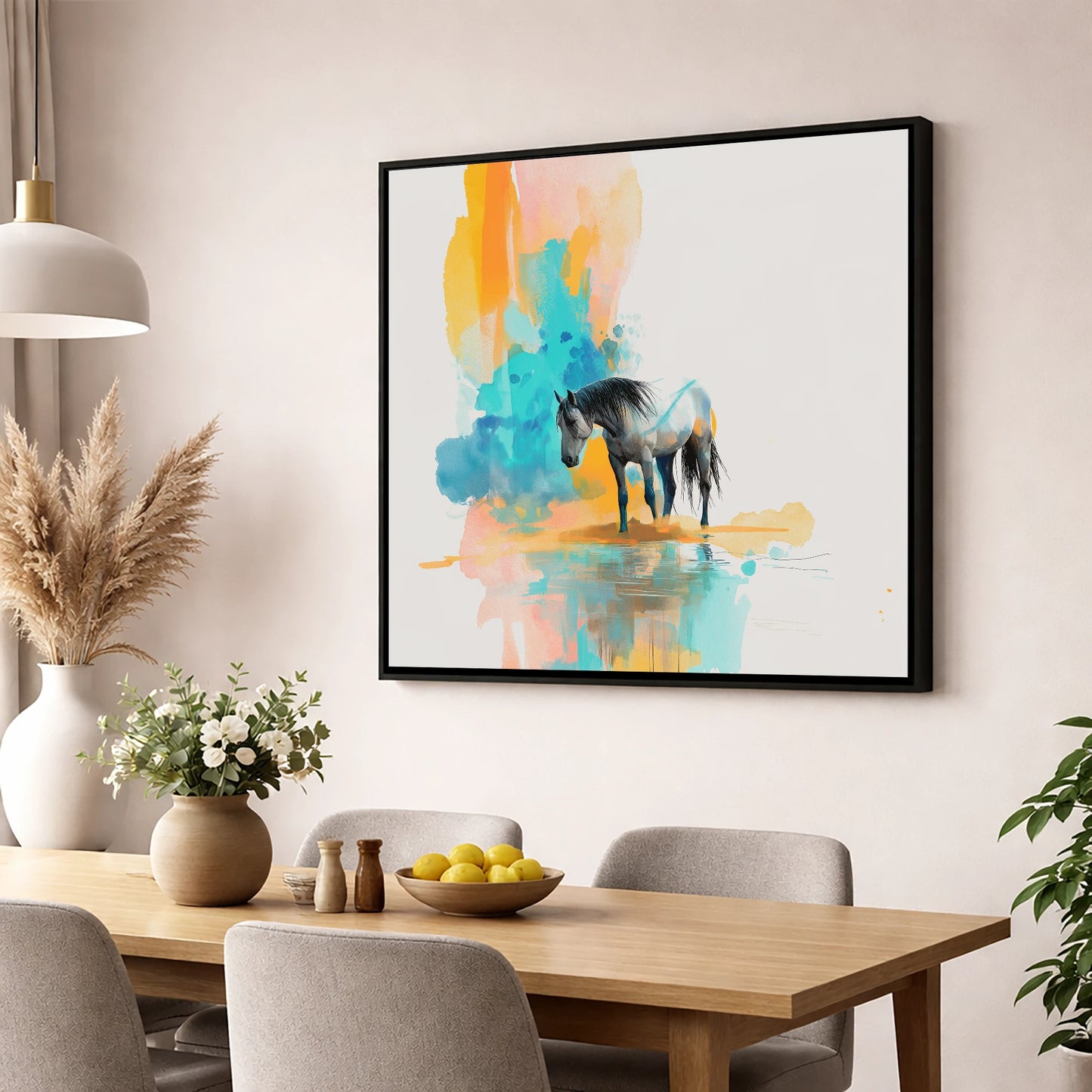Vibrant Grey Reflection horse portrait wall art displayed in a dining room