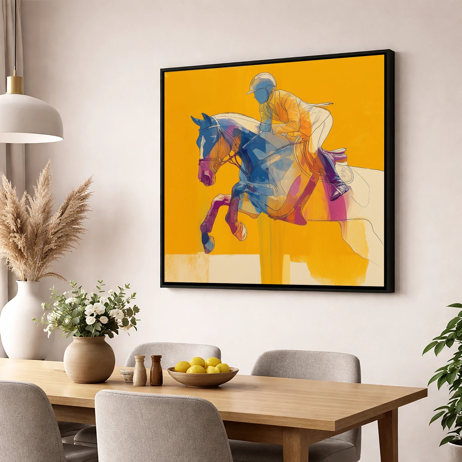 Vibrant Mid-Air Clearance show jumping horse wall art displayed in a dining room