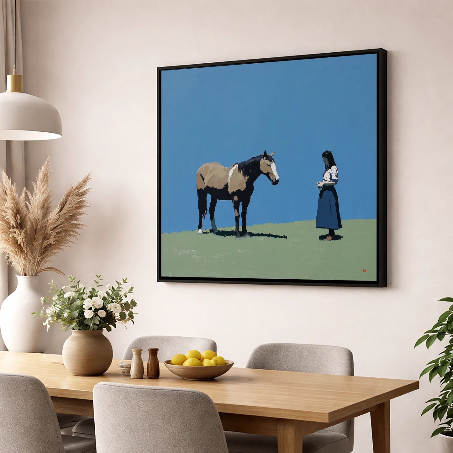 Silent Understanding horse & rider wall art displayed in a dining room