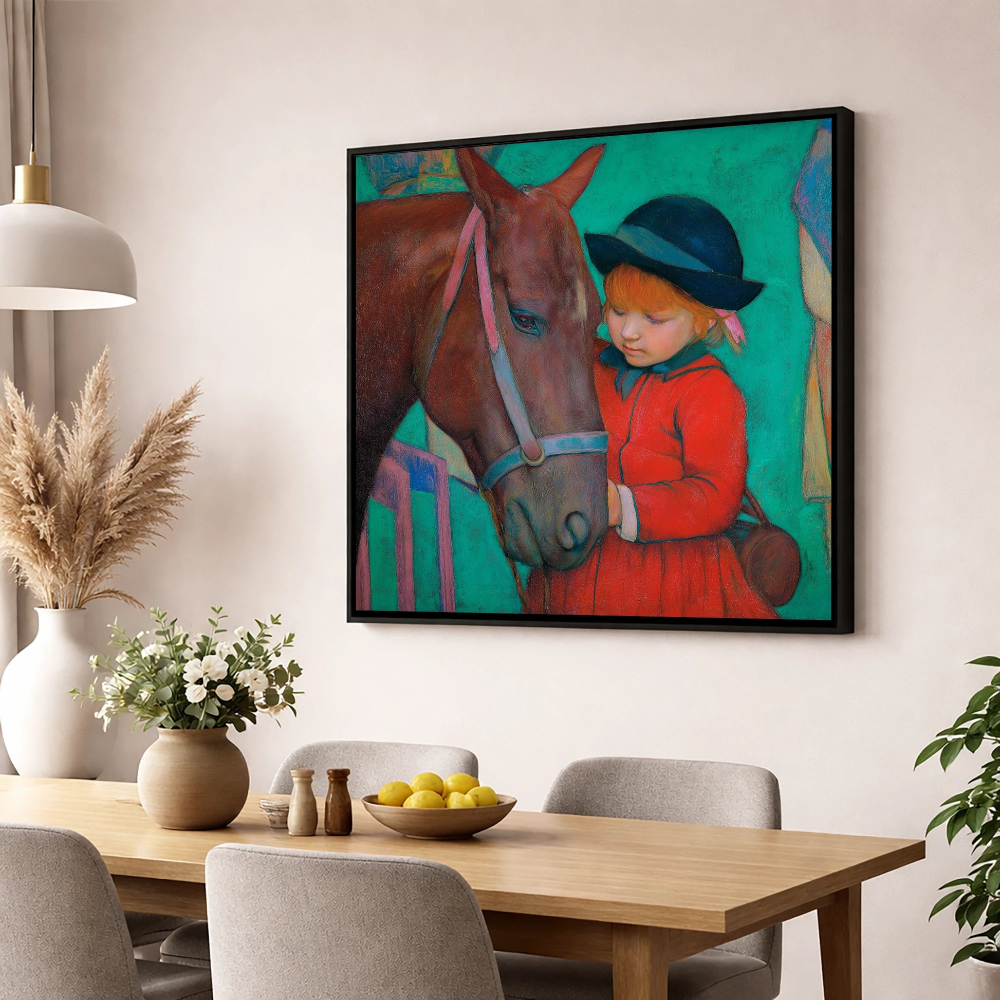 The Gentle Introduction horse & rider wall art displayed in a dining room
