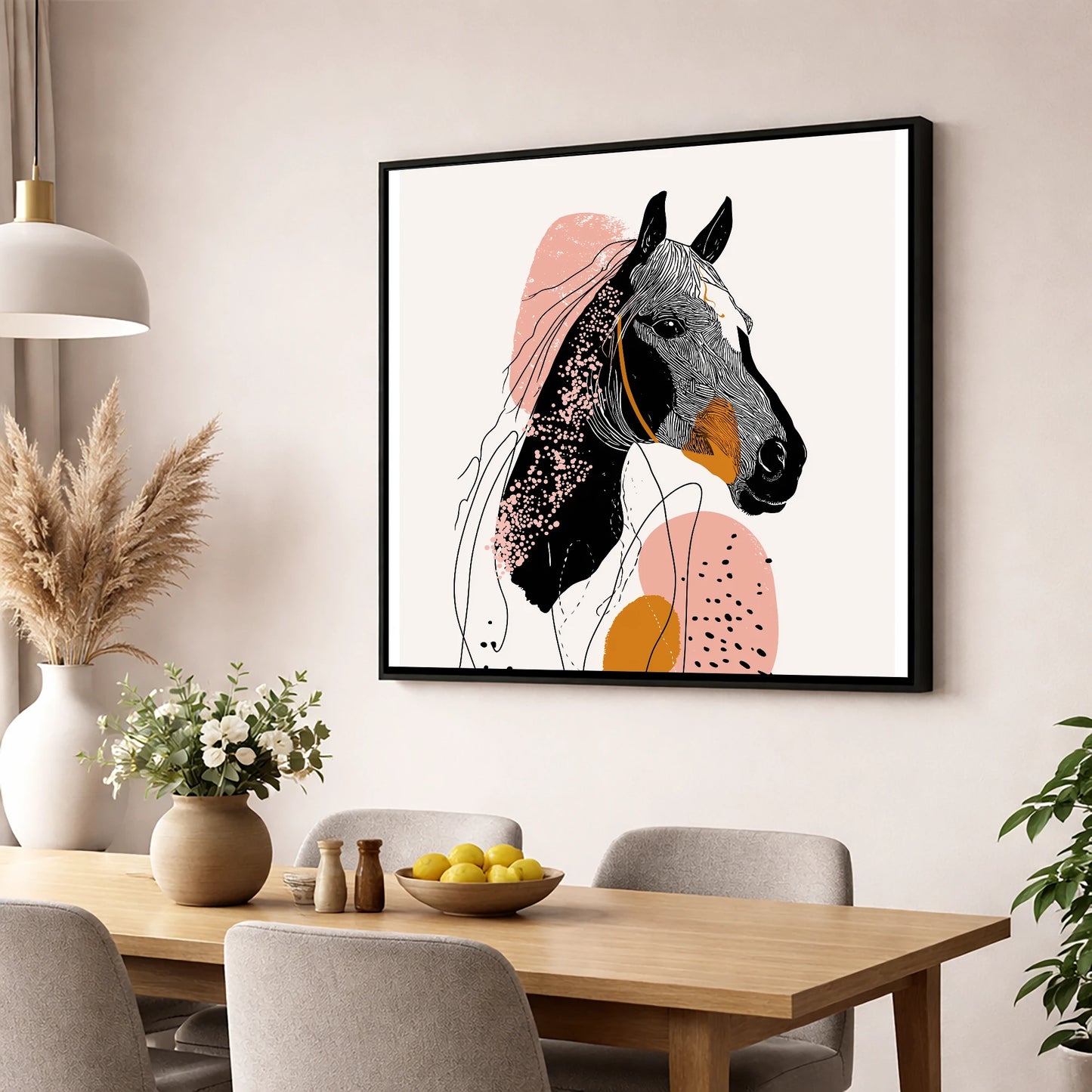 Abstract Racing Silhouette racing horse wall art displayed in a dining room