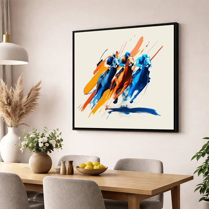 The Final Surge racing horse wall art displayed in a dining room