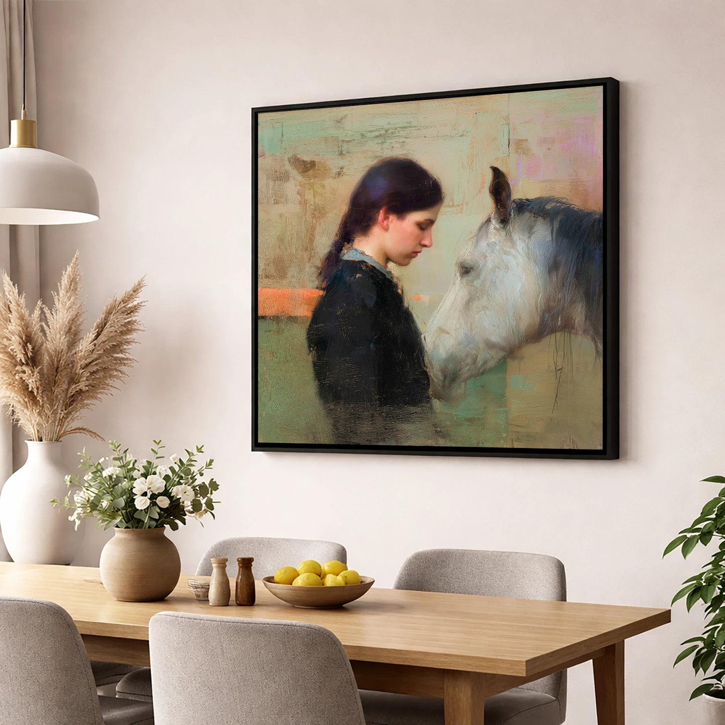 The Silent Bond horse & rider wall art displayed in a dining room
