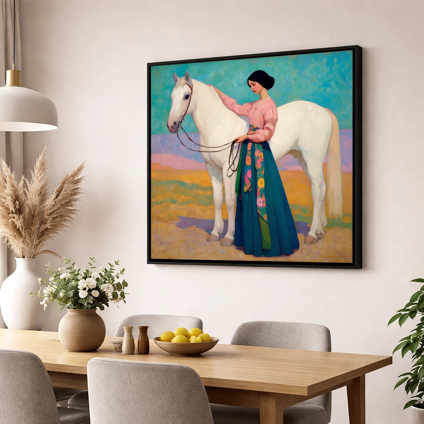Vibrant Connection horse & rider wall art displayed in a dining room
