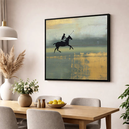 Gilded Chukka polo horse wall art displayed in a dining room