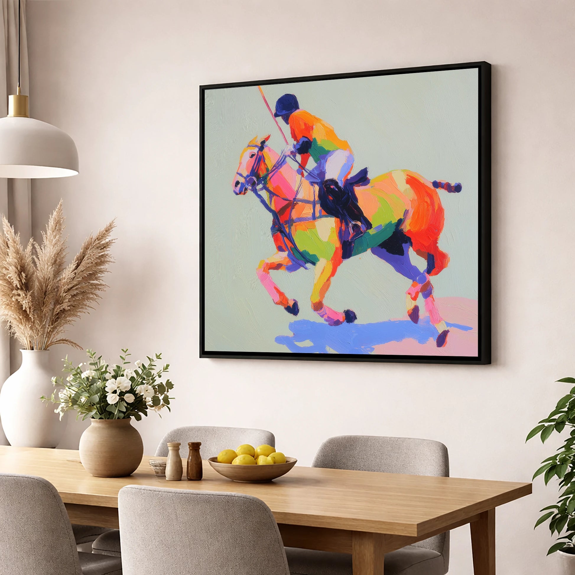 Technicolour Polo Stride polo horse wall art displayed in a dining room