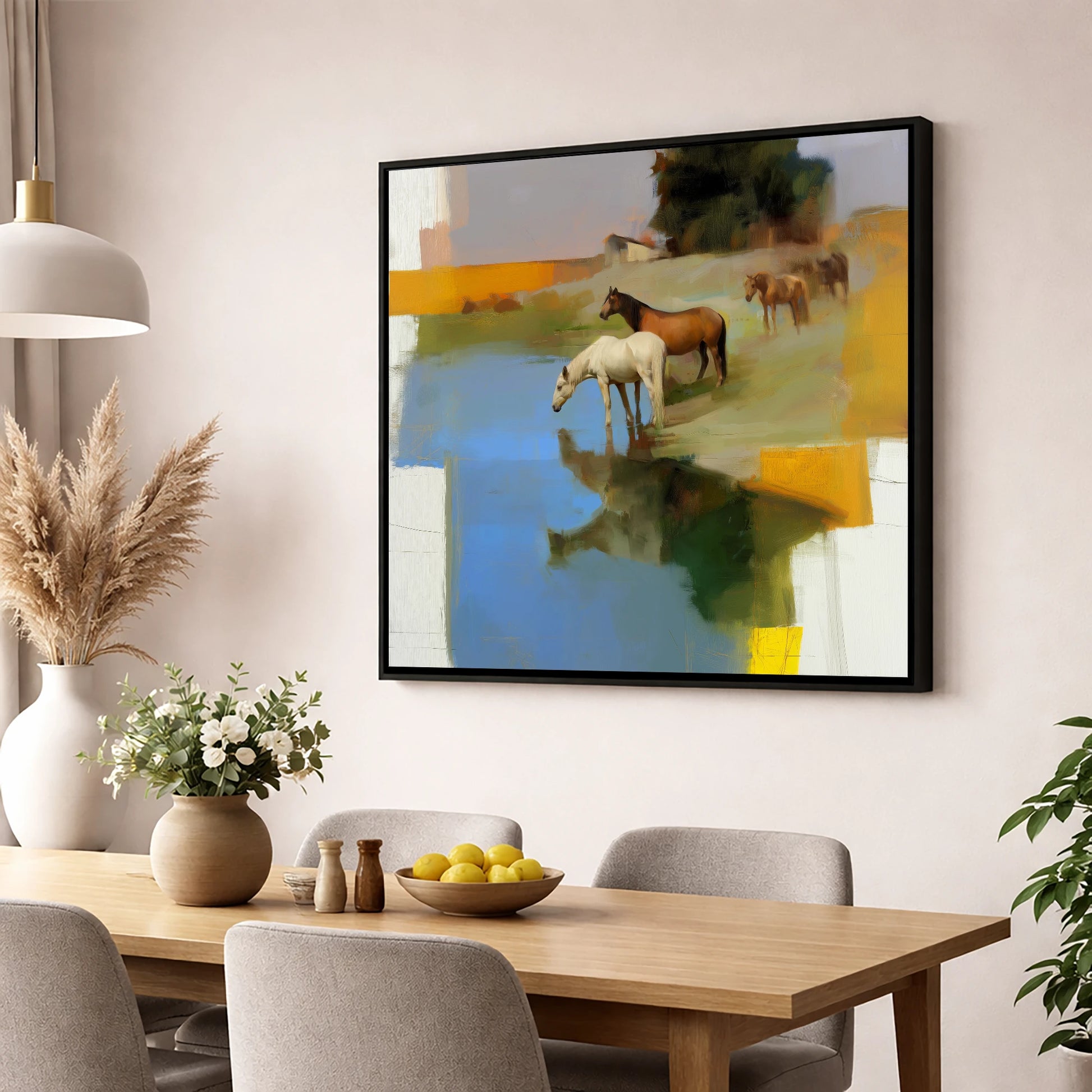 Cerulean Reflections wild horses wall art displayed in a dining room