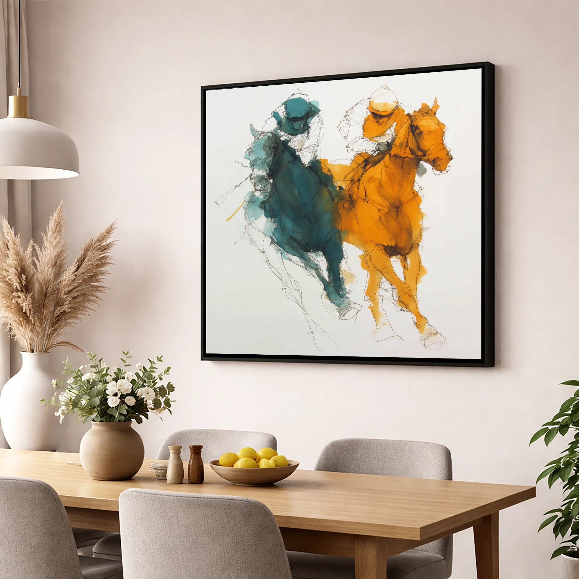 Dynamic Duel racing horse wall art displayed in a dining room