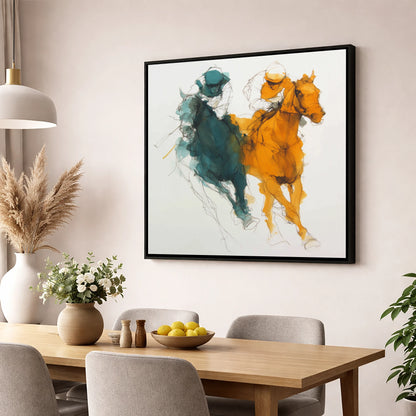Dynamic Duel racing horse wall art displayed in a dining room