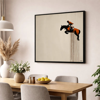 Suspended Flight show jumping horse wall art displayed in a dining room
