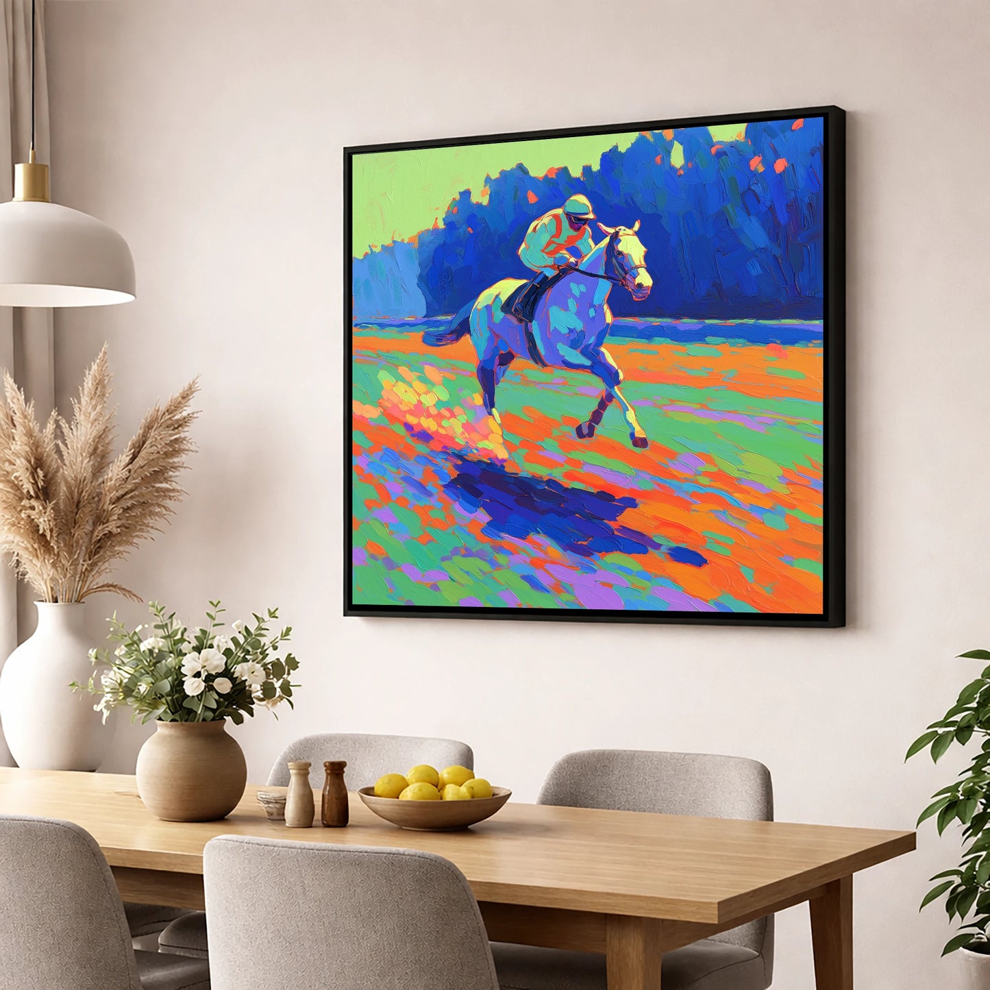 The Vibrant Gallop racing horse wall art displayed in a dining room