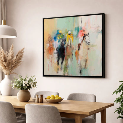 Thundering Silhouettes racing horse wall art displayed in a dining room