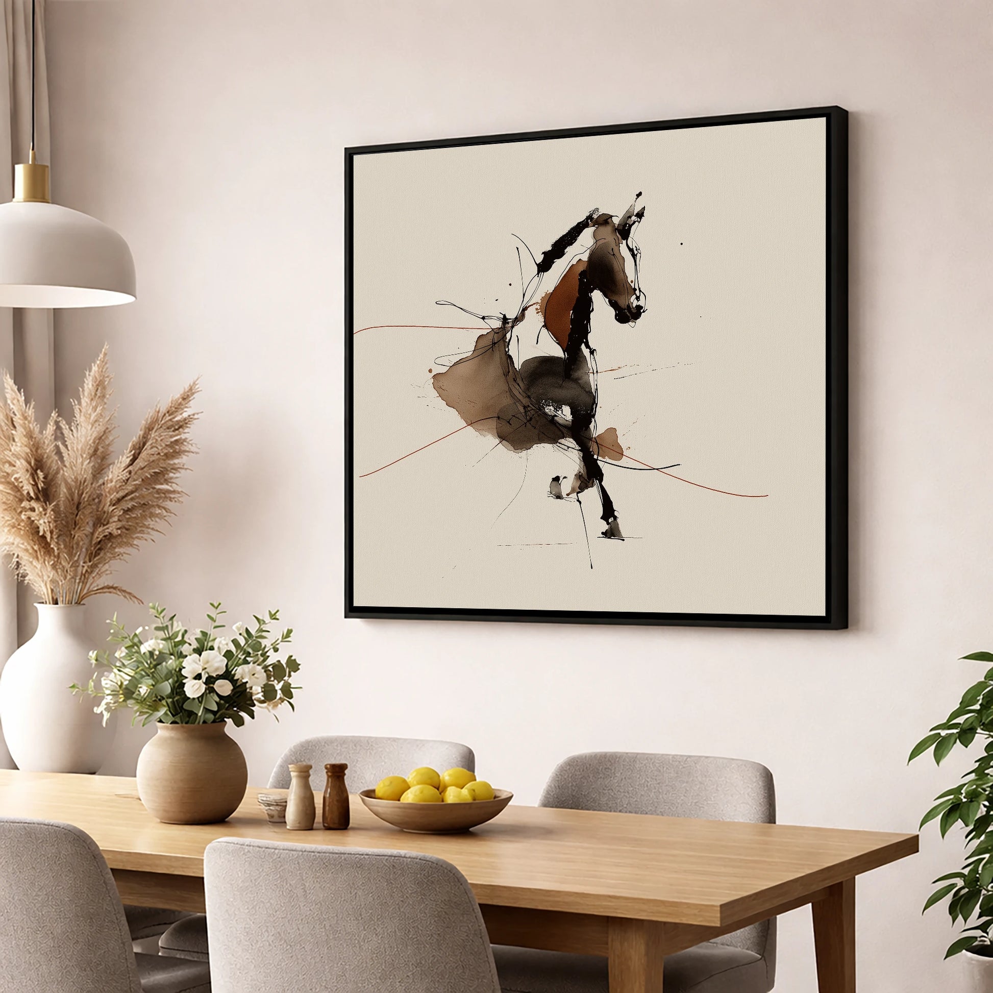 Abstract Dressage Form dressage horse wall art displayed in a dining room