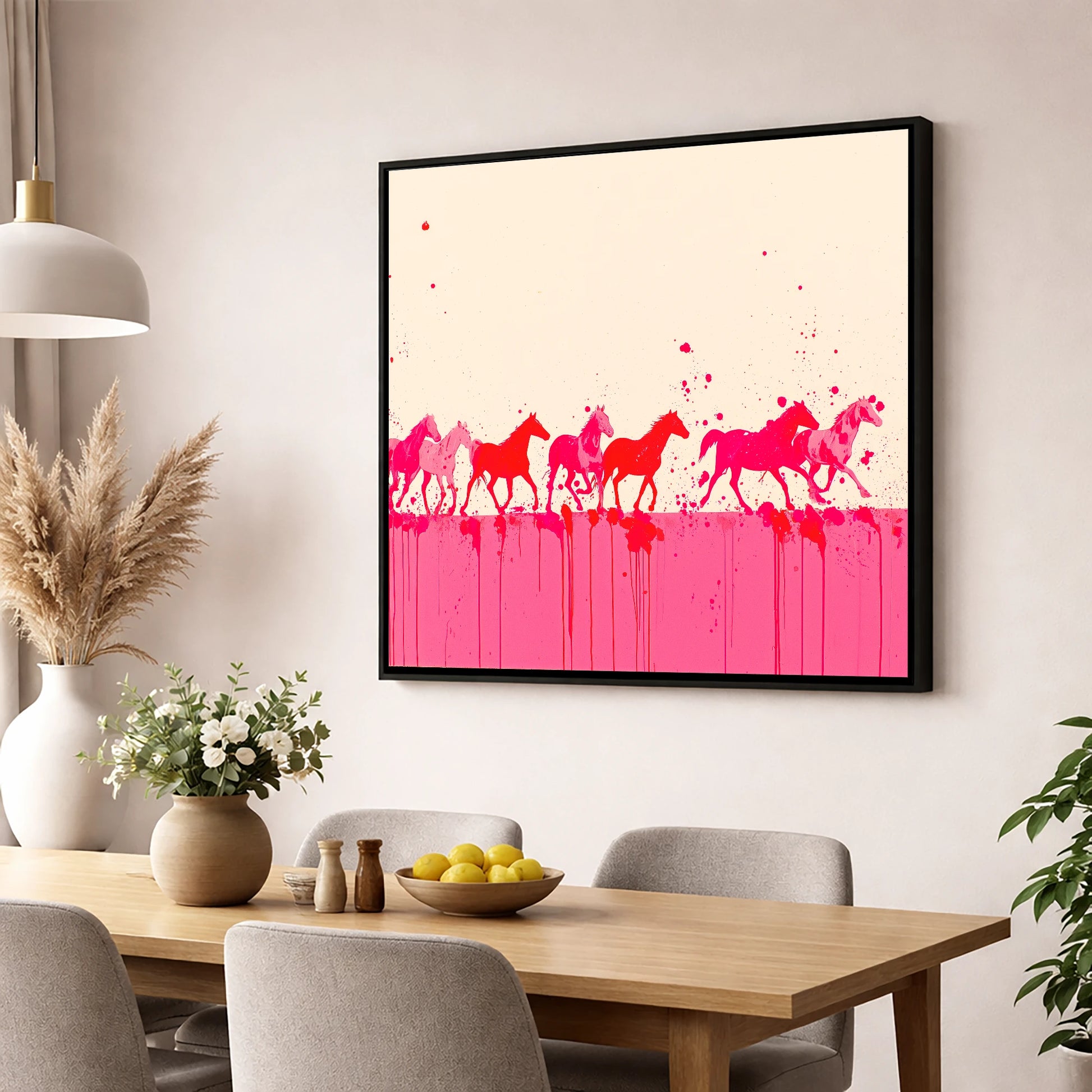 Magenta Motion wild horses wall art displayed in a dining room
