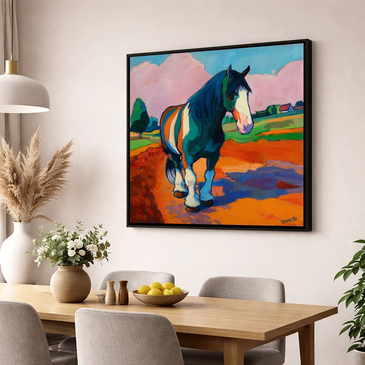Vibrant Coloured Cob horse breed wall art displayed in a dining room
