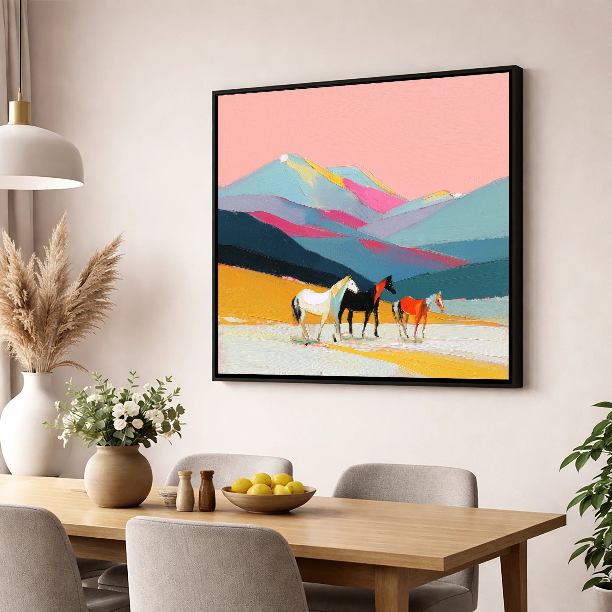 Vibrant Mountain Herd horse landscape wall art displayed in a dining room