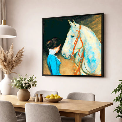 Cerulean Connection horse & rider wall art displayed in a dining room