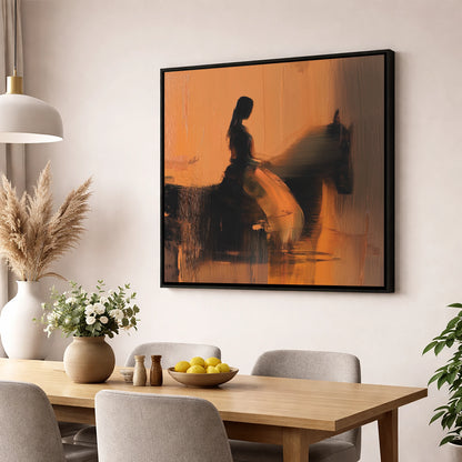 Elegance in Amber horse & rider wall art displayed in a dining room