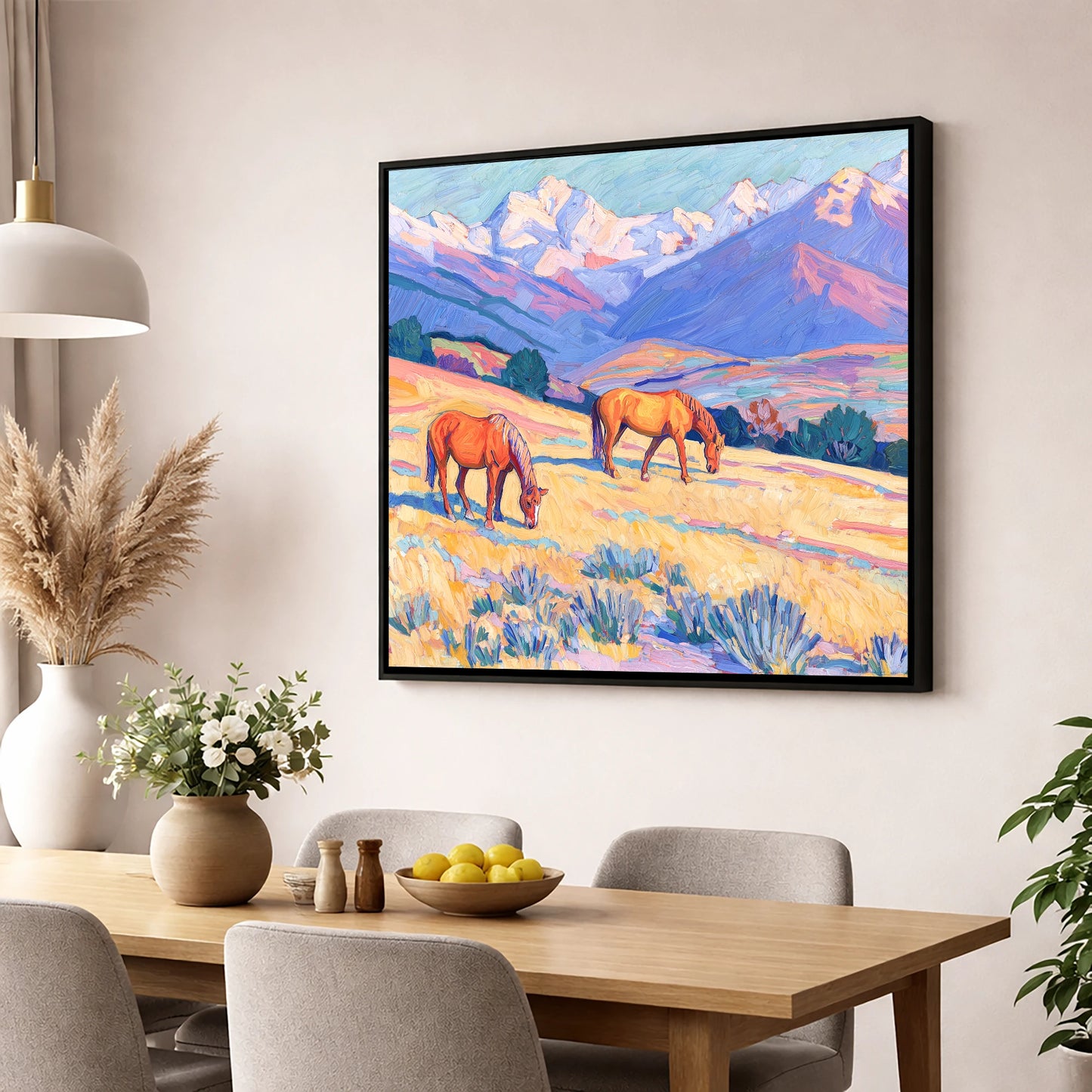 Grazing Beneath Violet Peaks horse landscape wall art displayed in a dining room