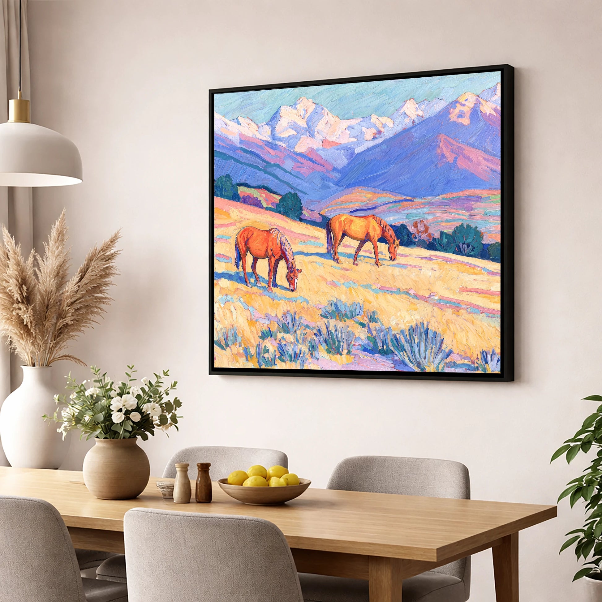 Grazing Beneath Violet Peaks horse landscape wall art displayed in a dining room