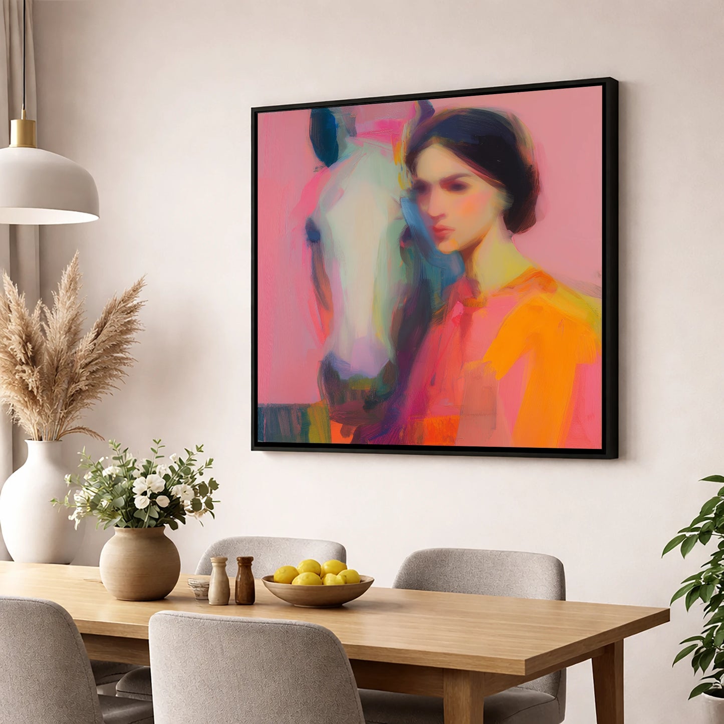 Vibrant Connection horse & rider wall art displayed in a dining room