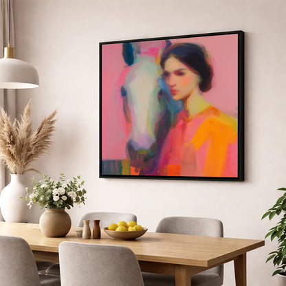 Vibrant Connection horse & rider wall art displayed in a dining room