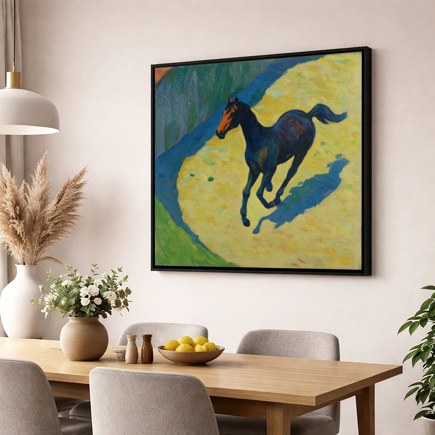 Cobalt Shadow Gallop racing horse wall art displayed in a dining room