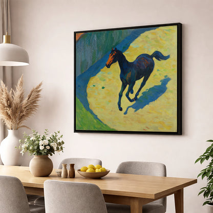 Cobalt Shadow Gallop racing horse wall art displayed in a dining room