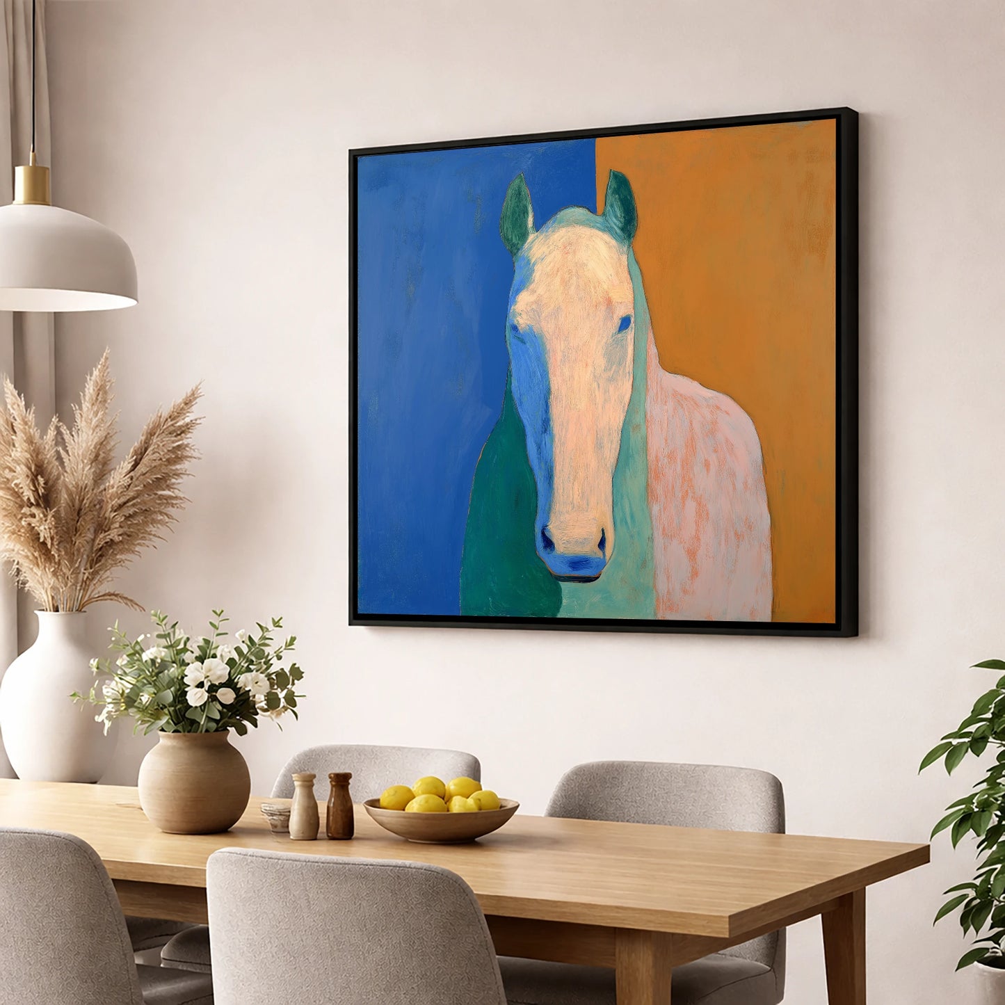 Cobalt And Clay Equine horse portrait wall art displayed in a dining room