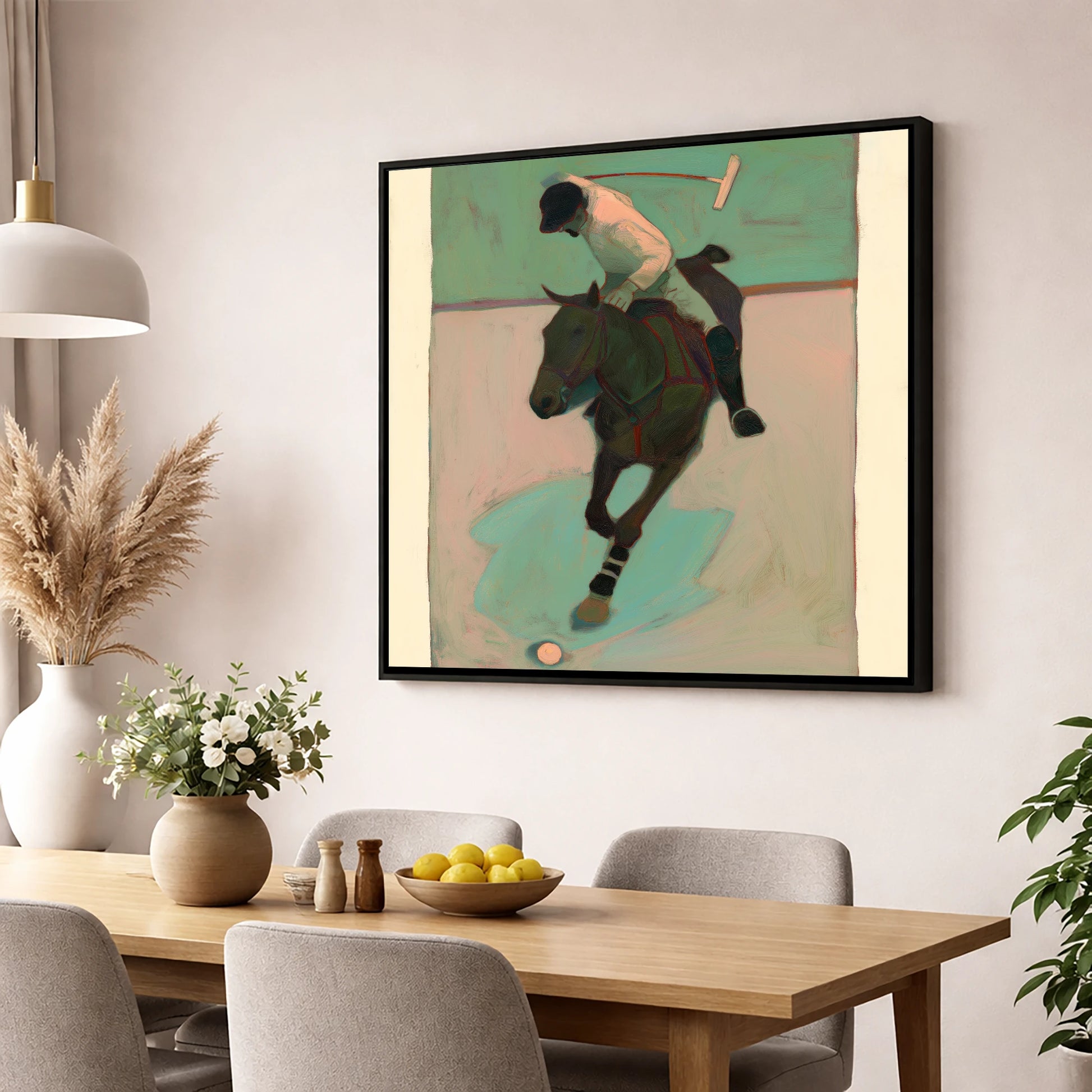 Turning on the Ball polo horse wall art displayed in a dining room