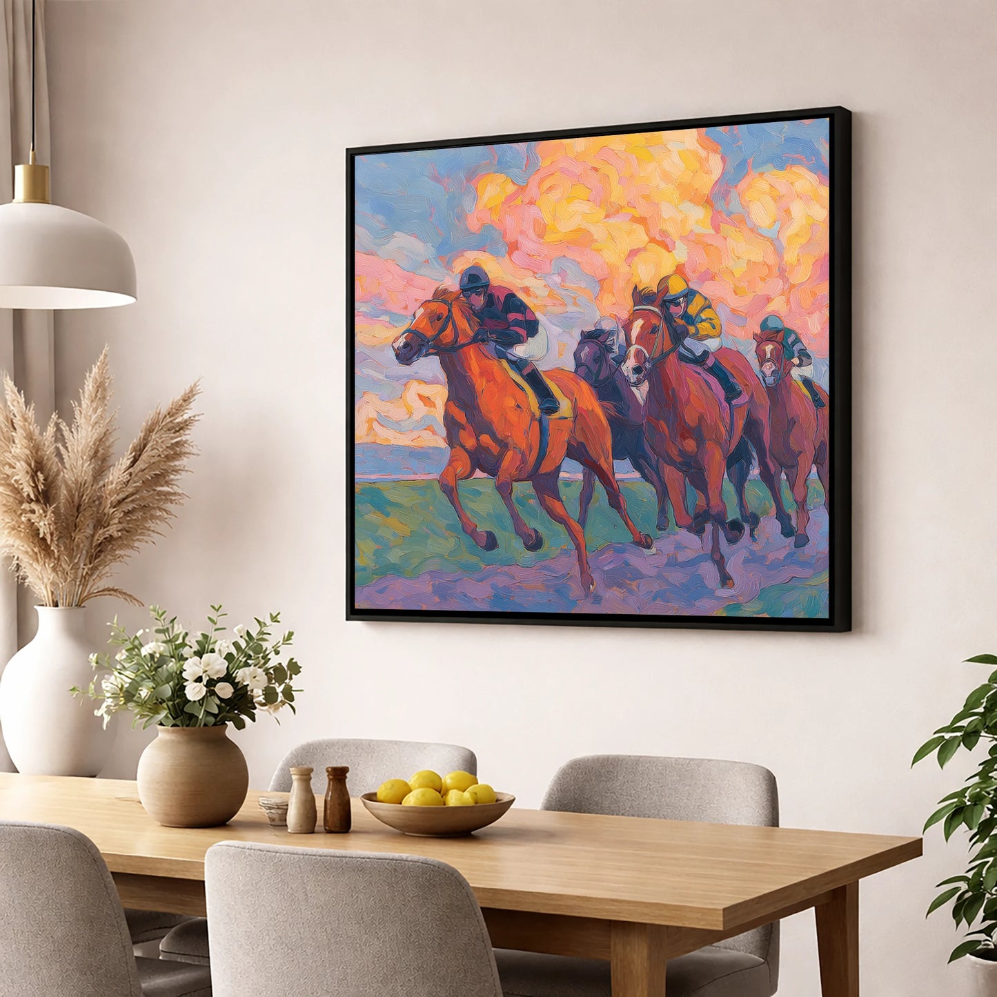 Thundering Sunset racing horse wall art displayed in a dining room