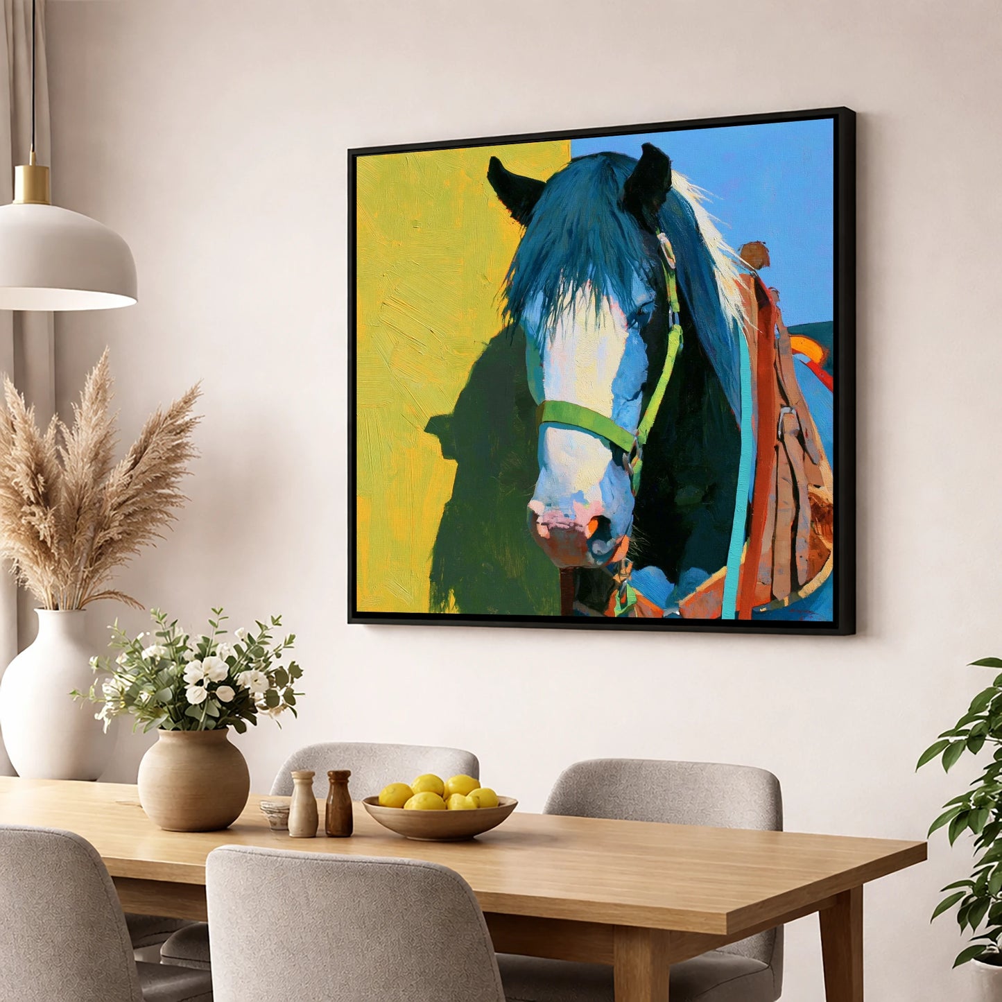 Tacked Horse Against Yellow Wall horse breed wall art displayed in a dining room