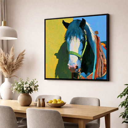 Tacked Horse Against Yellow Wall horse breed wall art displayed in a dining room