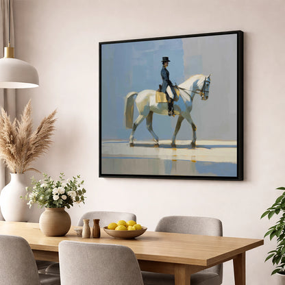 Collected Grace in Blue dressage horse wall art displayed in a dining room