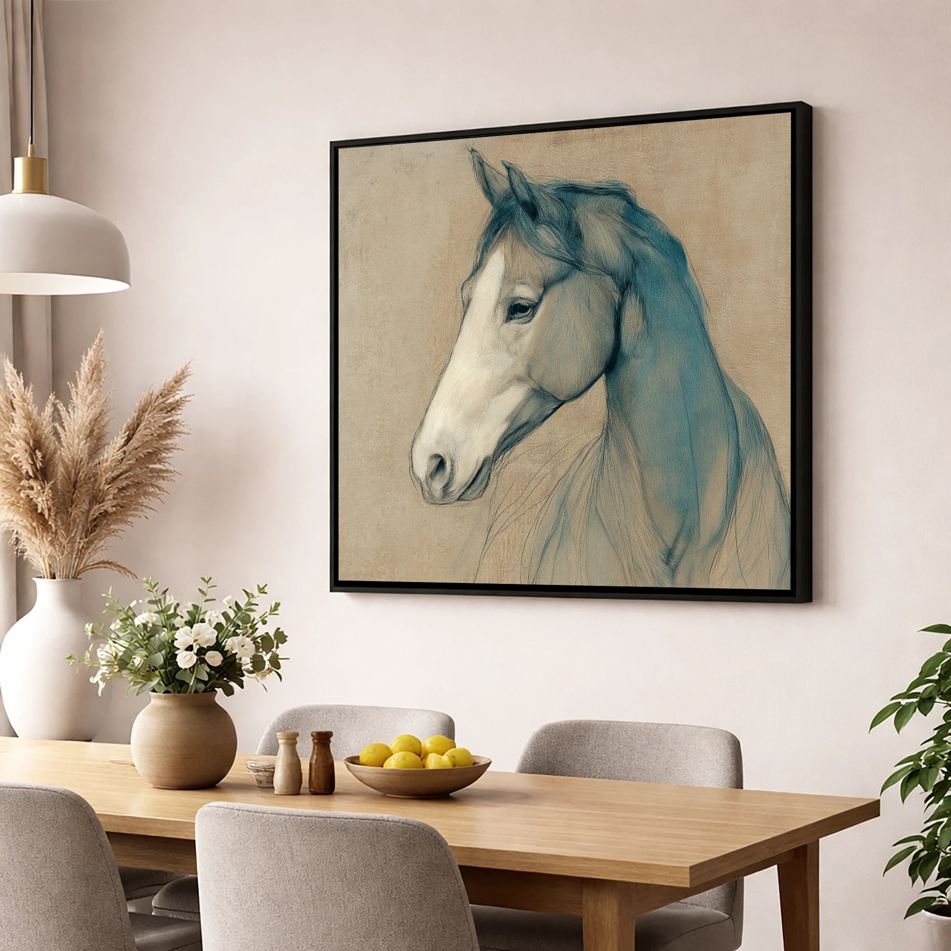 Teal Equine Study horse portrait wall art displayed in a dining room