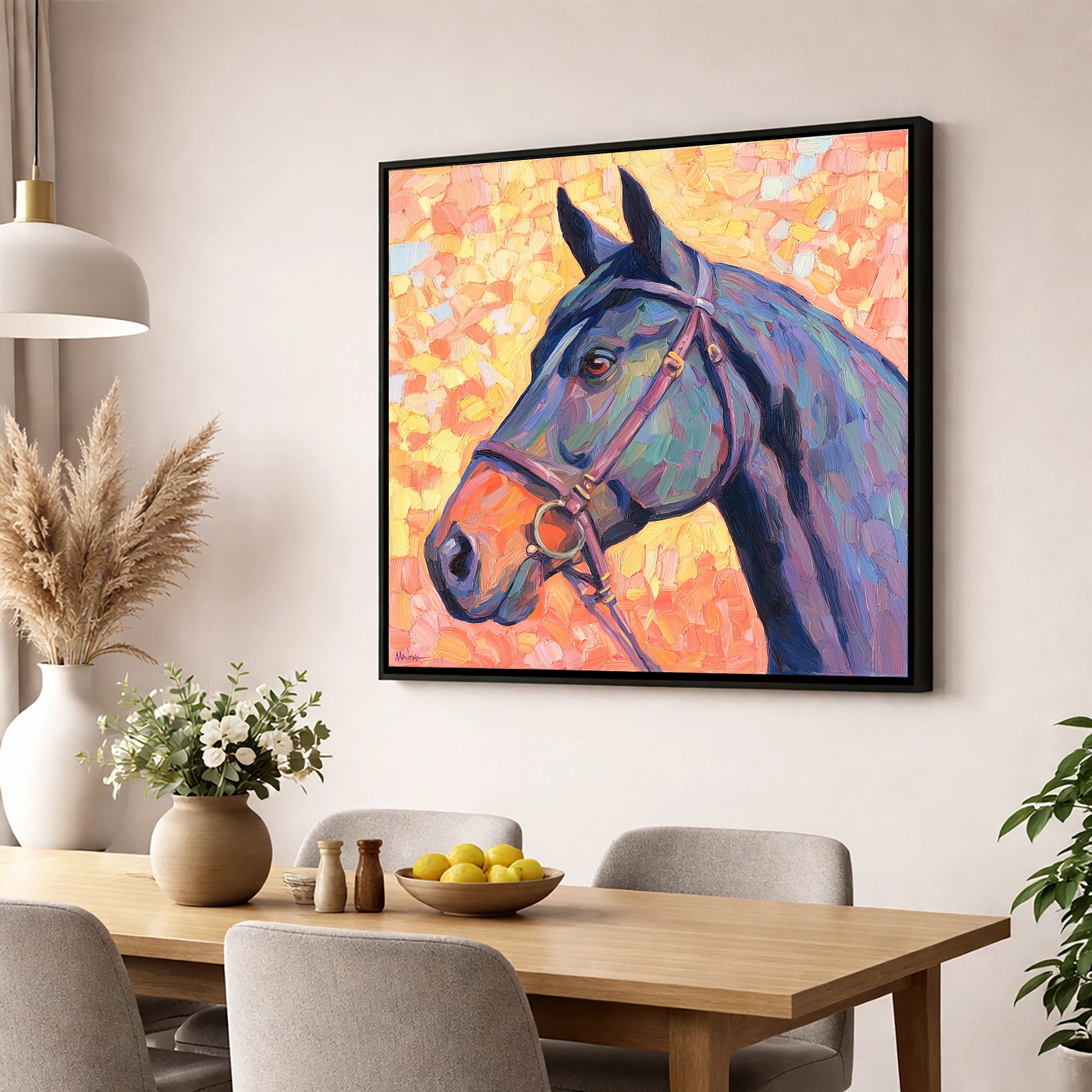 Radiant Equine Profile horse portrait wall art displayed in a dining room