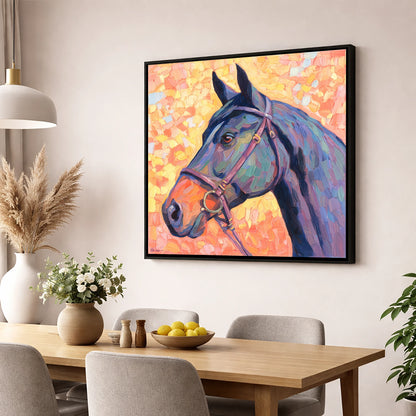 Radiant Equine Profile horse portrait wall art displayed in a dining room