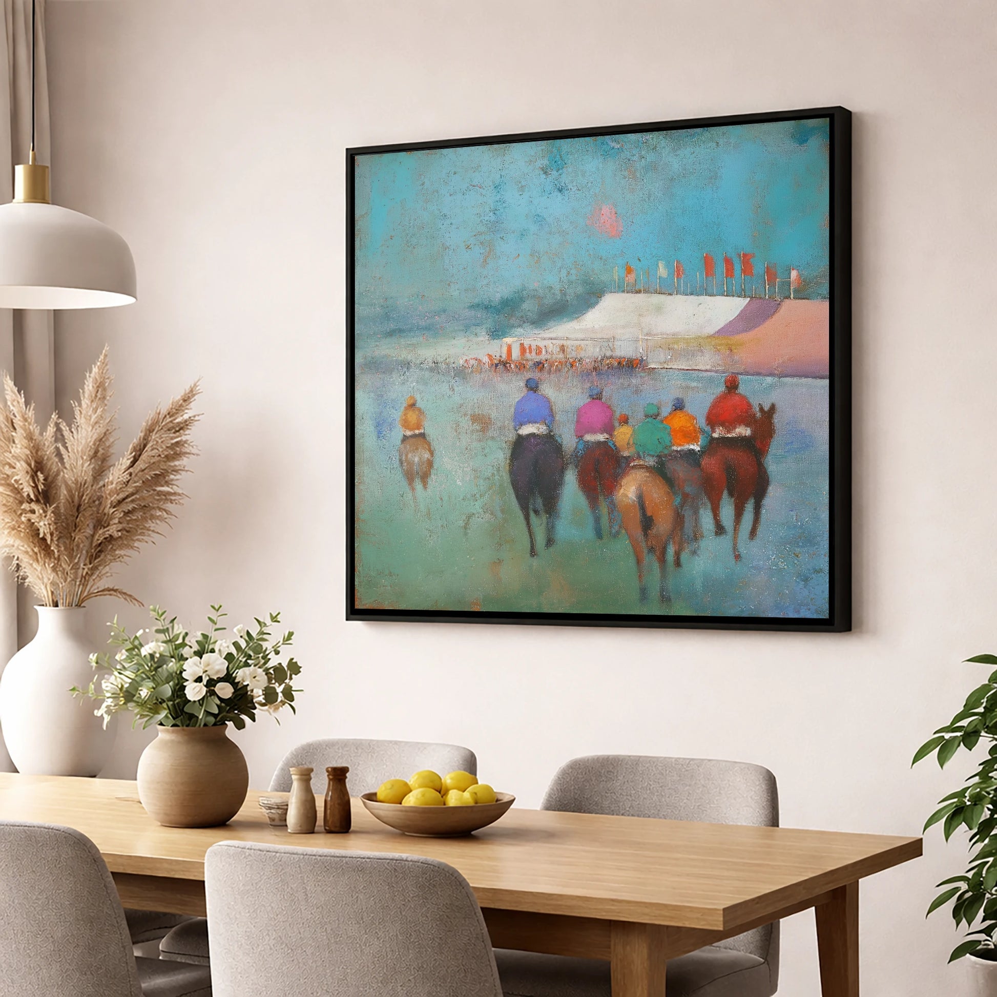 Heading to the Post racing horse wall art displayed in a dining room
