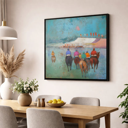 Heading to the Post racing horse wall art displayed in a dining room