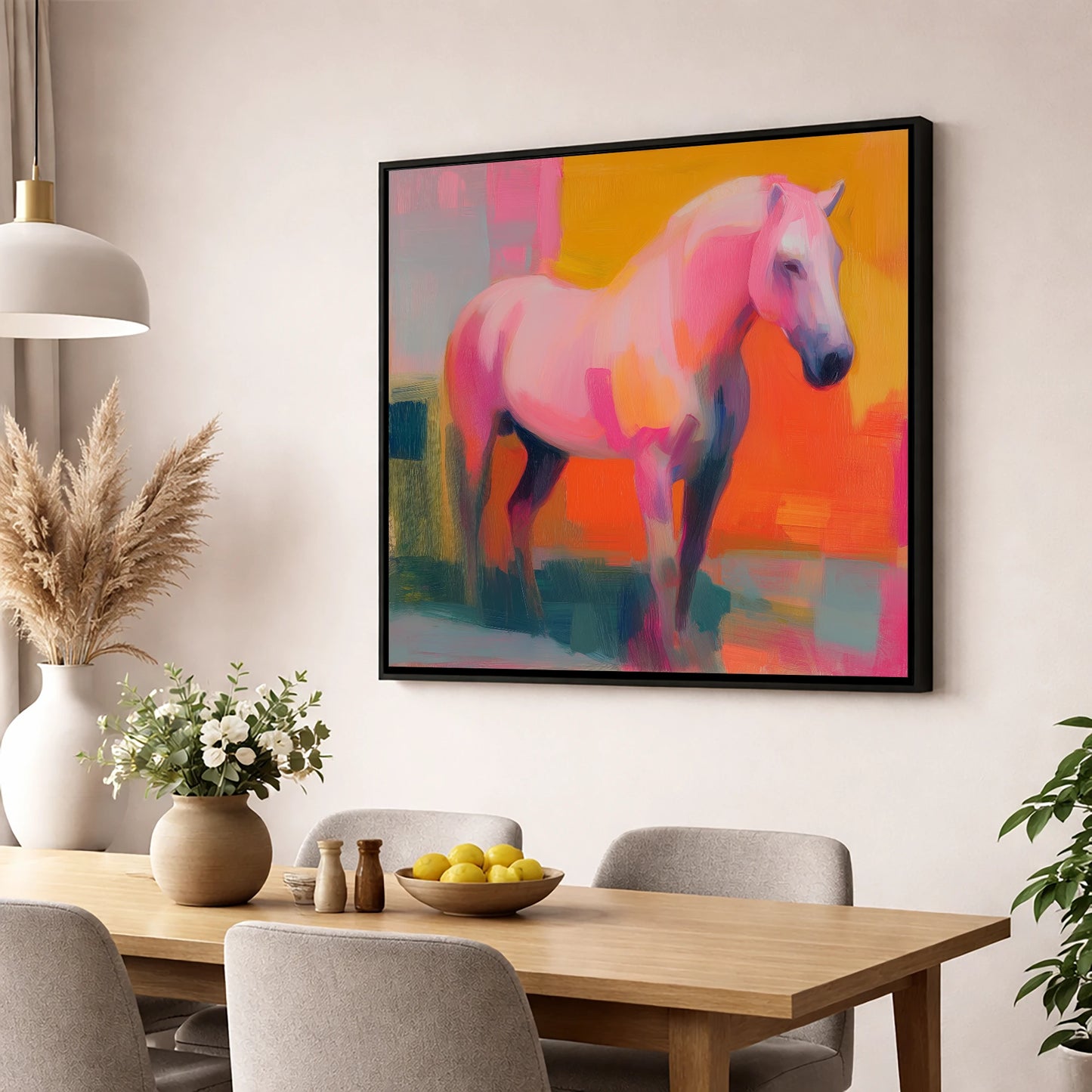 Fuchsia and Fire horse breed wall art displayed in a dining room