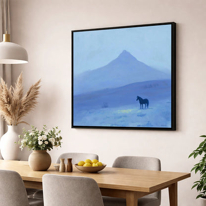 Azure Mountain Solitude horse landscape wall art displayed in a dining room