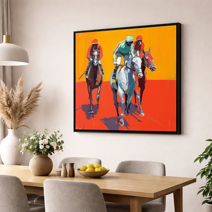 Heat of the Race racing horse wall art displayed in a dining room