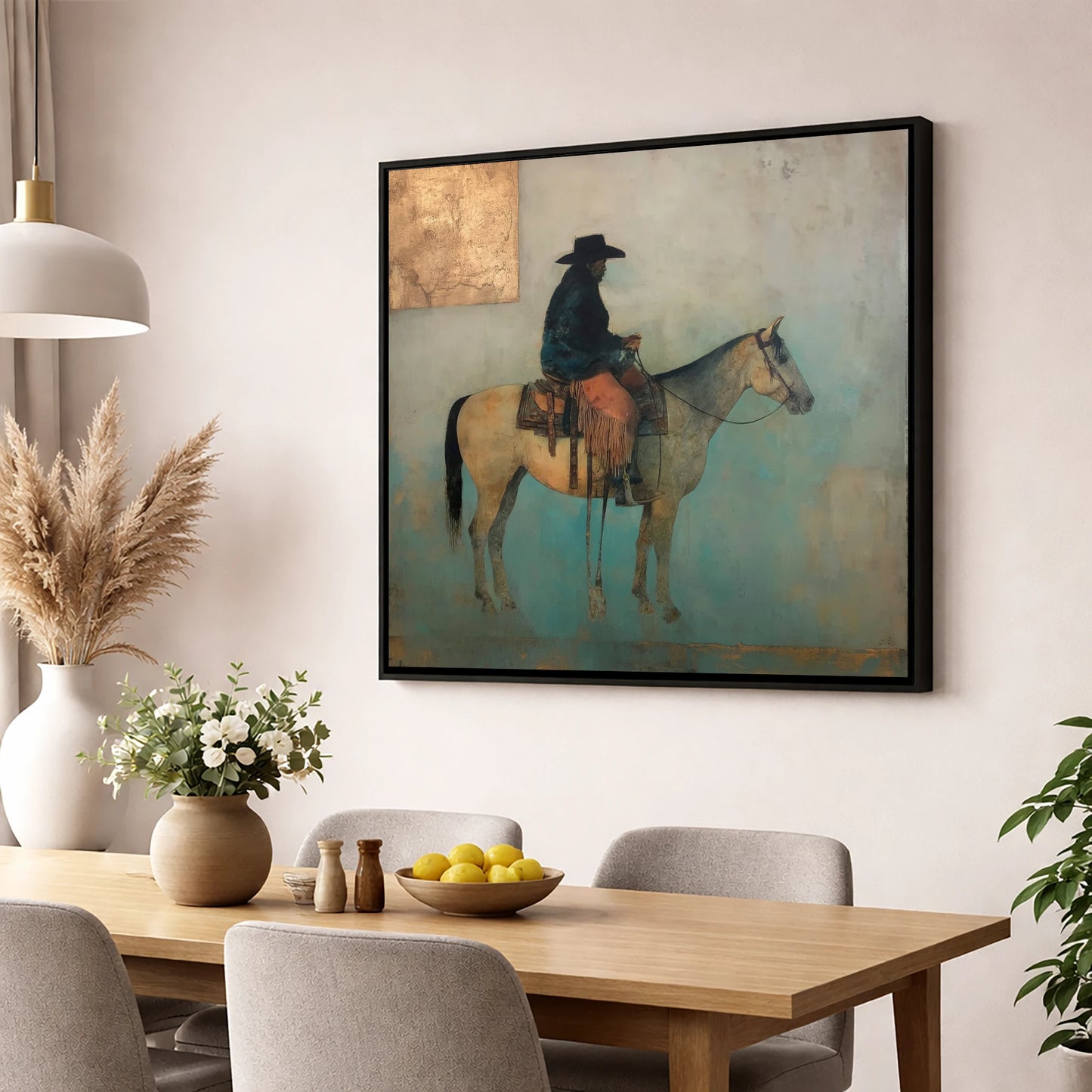 The Quiet Frontier western horse wall art displayed in a dining room