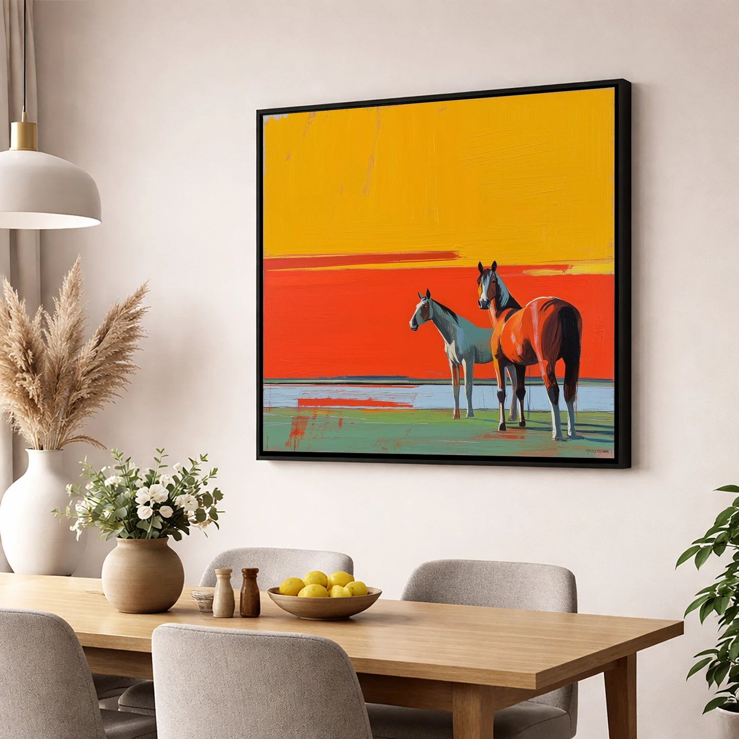 Golden Horizon Companions horse landscape wall art displayed in a dining room