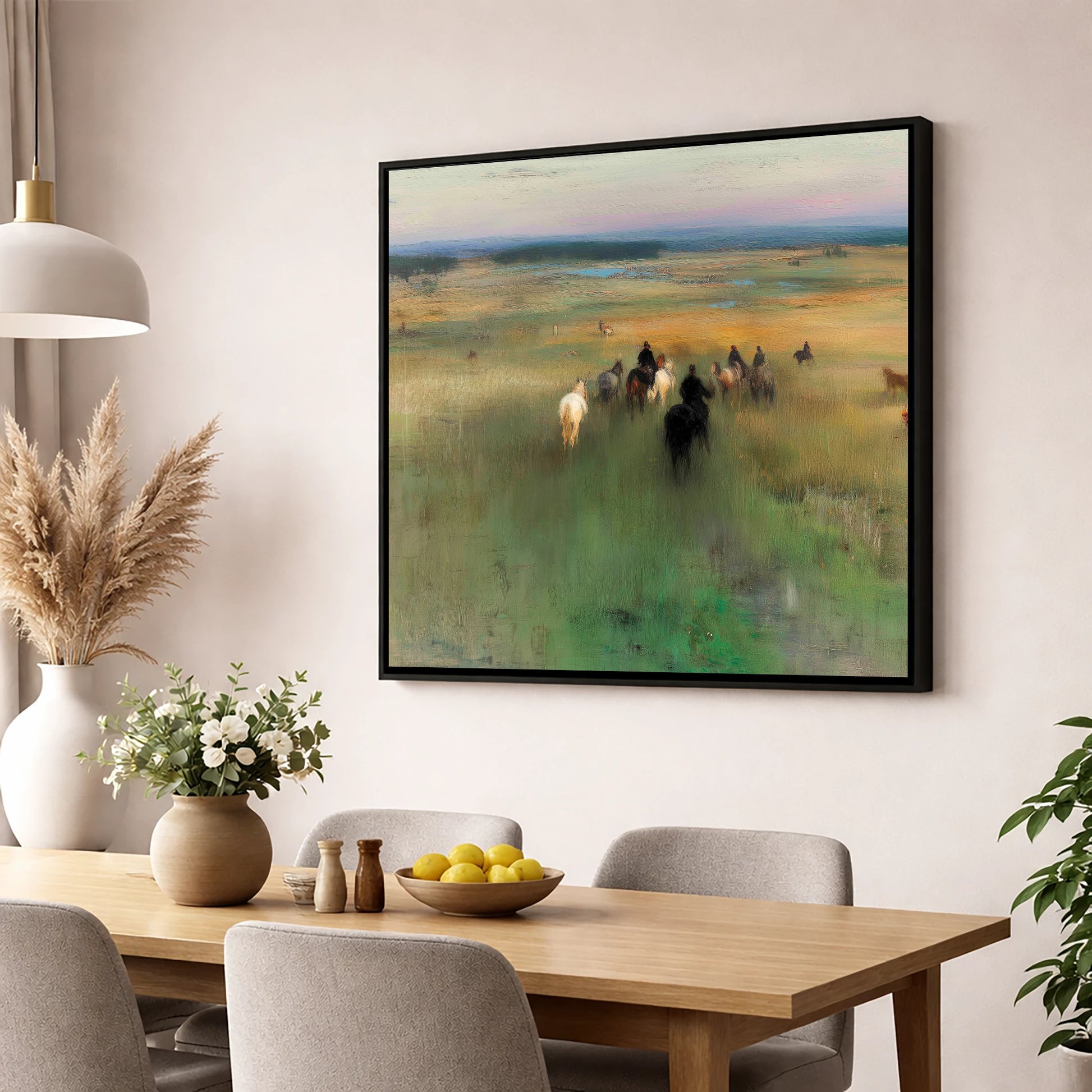Riding Out horse landscape wall art displayed in a dining room
