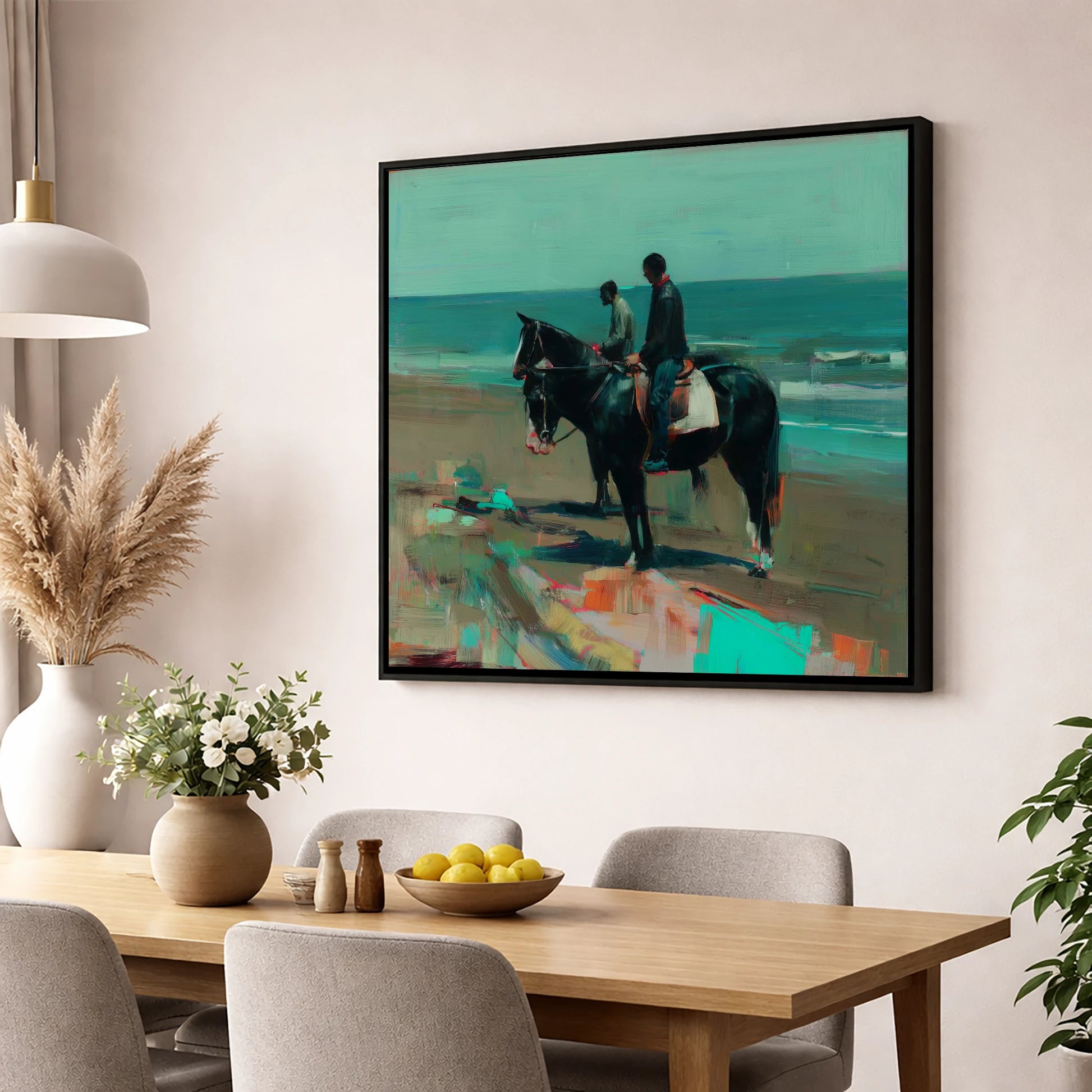 The Shoreline Hack horse landscape wall art displayed in a dining room