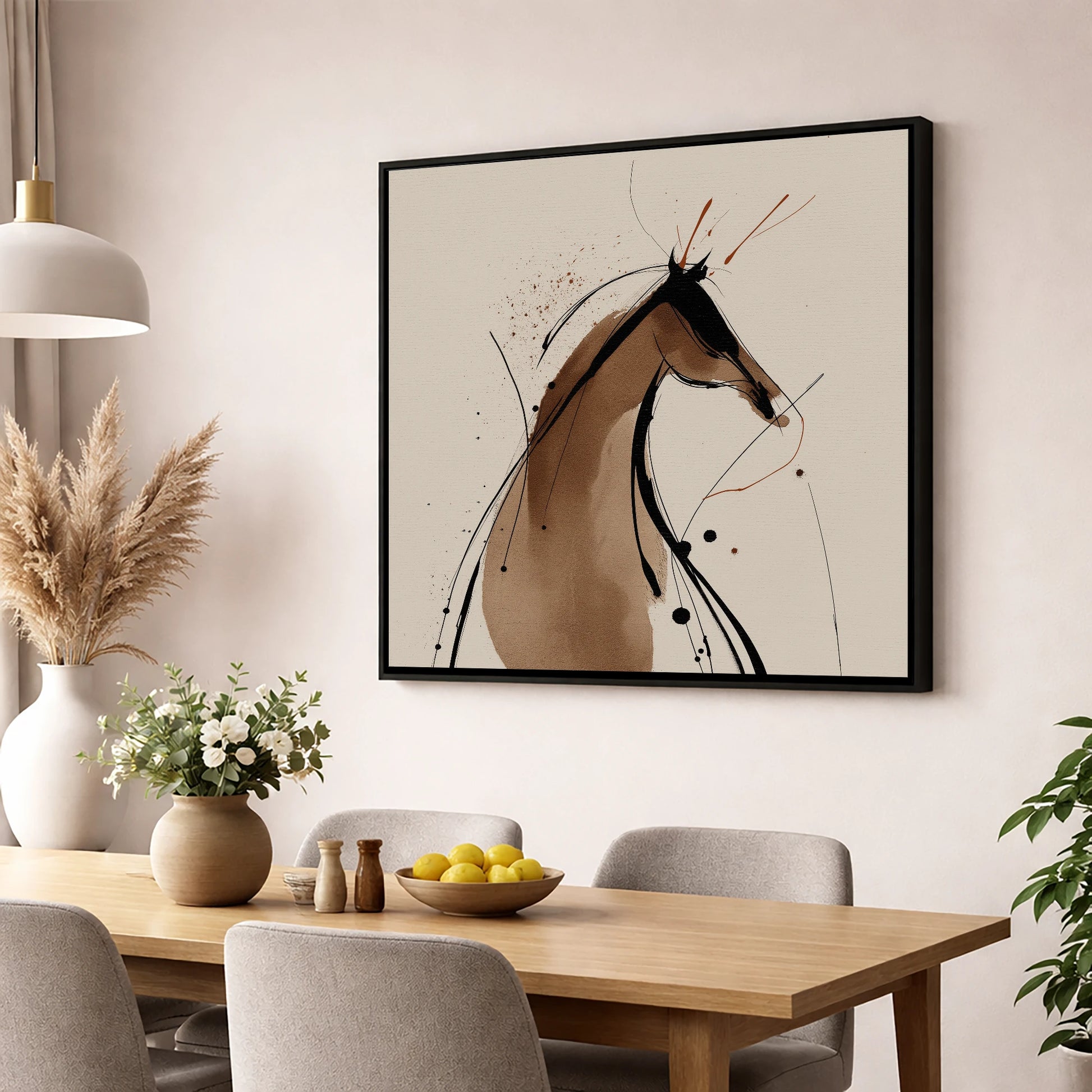 Sweeping Ink Silhouette horse portrait wall art displayed in a dining room