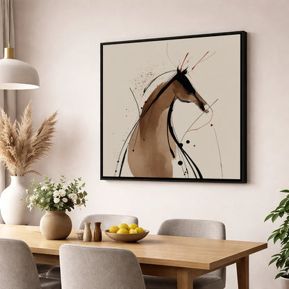 Sweeping Ink Silhouette horse portrait wall art displayed in a dining room